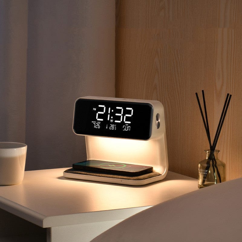 White Creative 3 In 1 Bedside Lamp Wireless Charging LCD Screen Alarm Clock  Wireless Phone Charger For Iphone