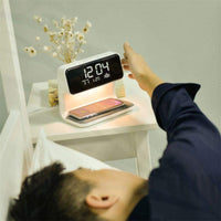White Creative 3 In 1 Bedside Lamp Wireless Charging LCD Screen Alarm Clock  Wireless Phone Charger For Iphone