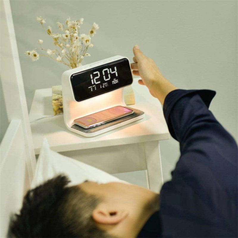 White Creative 3 In 1 Bedside Lamp Wireless Charging LCD Screen Alarm Clock  Wireless Phone Charger For Iphone