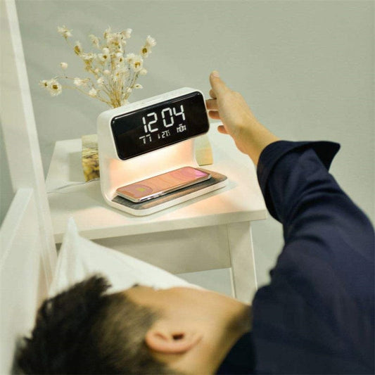 White Creative 3 In 1 Bedside Lamp Wireless Charging LCD Screen Alarm Clock  Wireless Phone Charger For Iphone