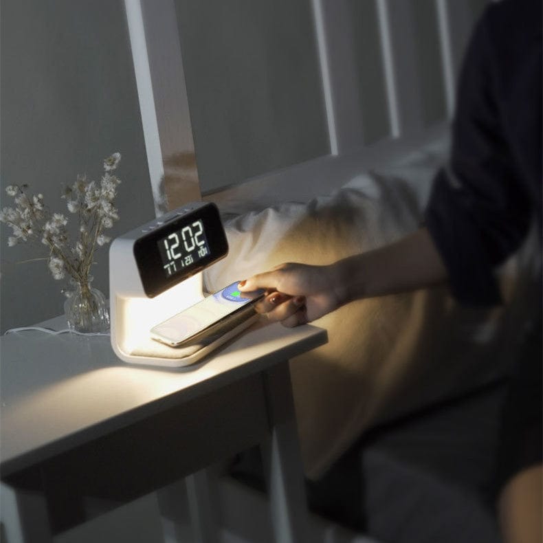 White Creative 3 In 1 Bedside Lamp Wireless Charging LCD Screen Alarm Clock  Wireless Phone Charger For Iphone