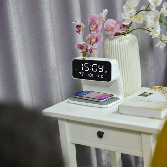 White Creative 3 In 1 Bedside Lamp Wireless Charging LCD Screen Alarm Clock  Wireless Phone Charger For Iphone