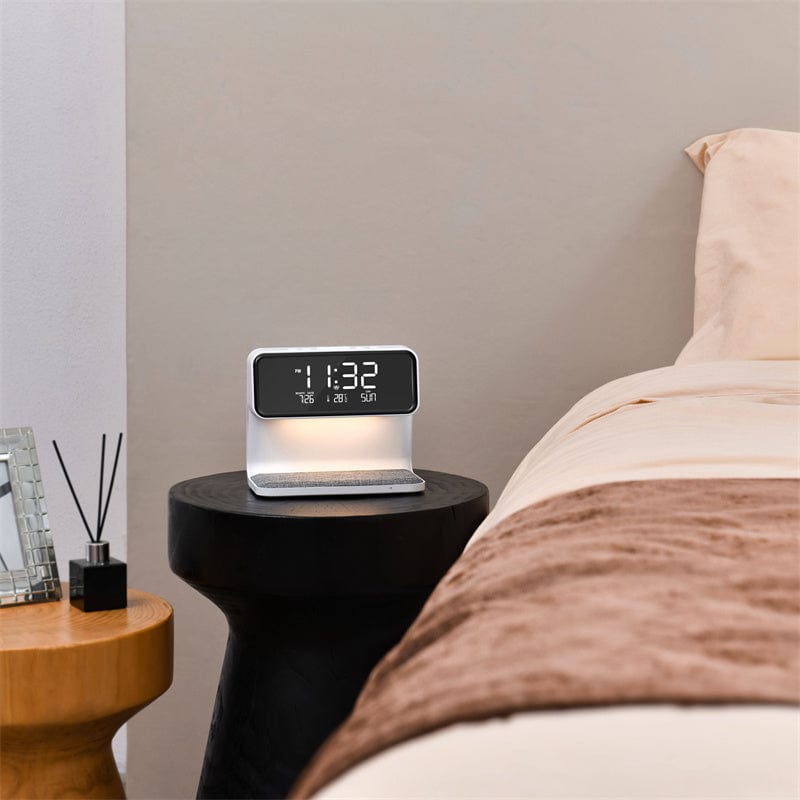 White Creative 3 In 1 Bedside Lamp Wireless Charging LCD Screen Alarm Clock  Wireless Phone Charger For Iphone