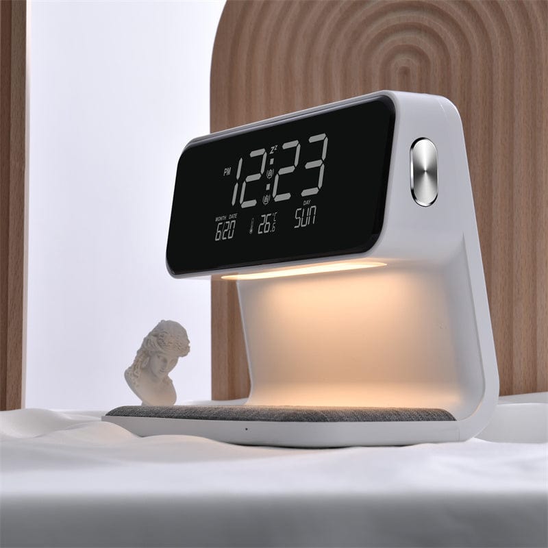 White Creative 3 In 1 Bedside Lamp Wireless Charging LCD Screen Alarm Clock  Wireless Phone Charger For Iphone