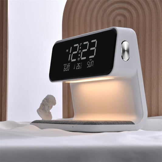 White Creative 3 In 1 Bedside Lamp Wireless Charging LCD Screen Alarm Clock  Wireless Phone Charger For Iphone