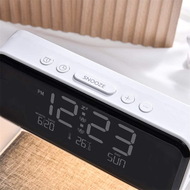 White Creative 3 In 1 Bedside Lamp Wireless Charging LCD Screen Alarm Clock  Wireless Phone Charger For Iphone