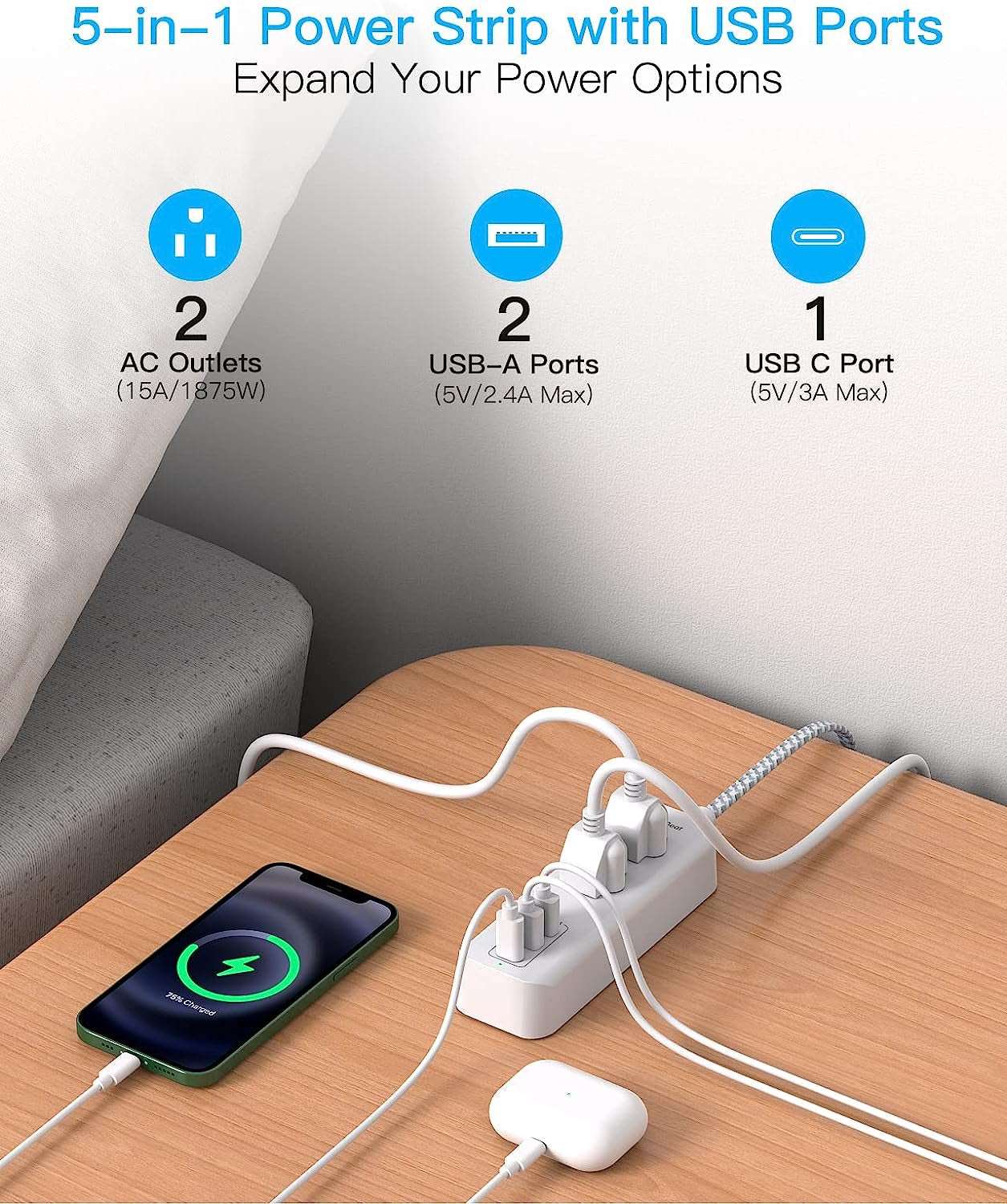 White / 5 Ft Cruise Essentials, USB C Travel Power Strip, Flat Plug Power Strip with 2 Outlets 3 USB Ports (1 USB C), 5Ft Extension Cord Charging Station, Non Surge Protector for Cruise Ship, Travel, Home