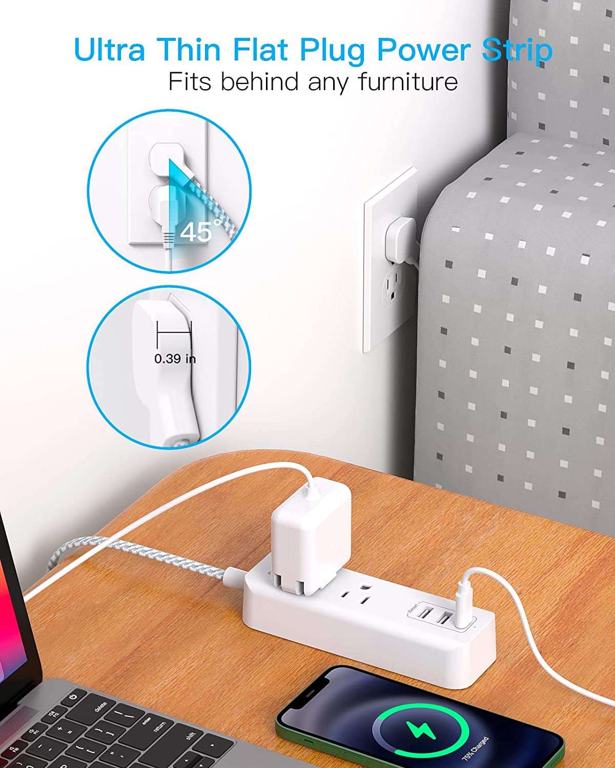 White / 5 Ft Cruise Essentials, USB C Travel Power Strip, Flat Plug Power Strip with 2 Outlets 3 USB Ports (1 USB C), 5Ft Extension Cord Charging Station, Non Surge Protector for Cruise Ship, Travel, Home