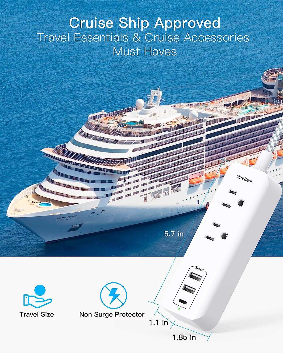 White / 5 Ft Cruise Essentials, USB C Travel Power Strip, Flat Plug Power Strip with 2 Outlets 3 USB Ports (1 USB C), 5Ft Extension Cord Charging Station, Non Surge Protector for Cruise Ship, Travel, Home