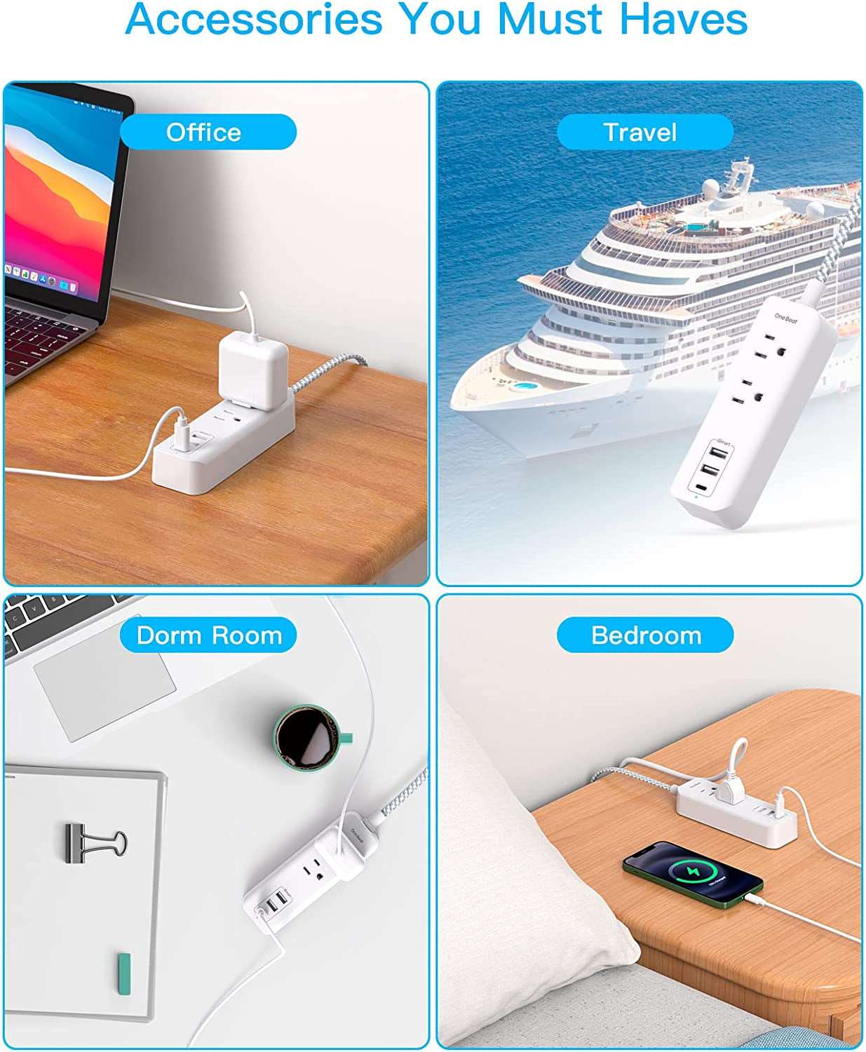 White / 5 Ft Cruise Essentials, USB C Travel Power Strip, Flat Plug Power Strip with 2 Outlets 3 USB Ports (1 USB C), 5Ft Extension Cord Charging Station, Non Surge Protector for Cruise Ship, Travel, Home