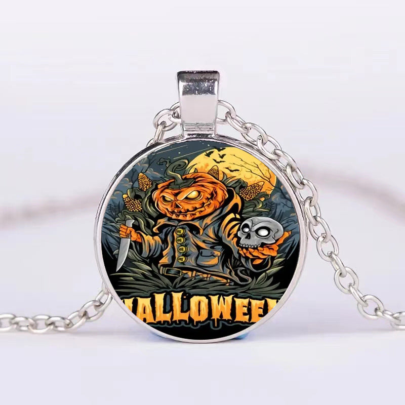 Unique Halloween Jewelry: Round Pendant Necklace with Pumpkin, Ghost, and Bat