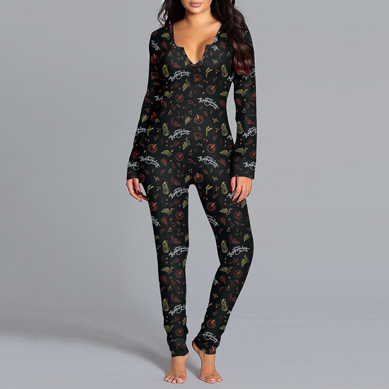 Casual Halloween Pajamas: Long Sleeve Printed Jumpsuit