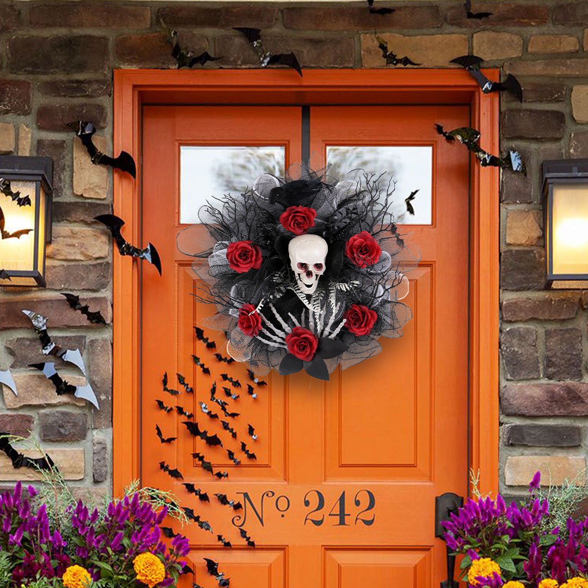 Halloween Door Decoration: Red Rose Skull Mesh Garland