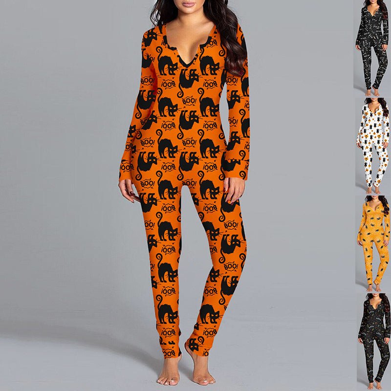 Casual Halloween Pajamas: Long Sleeve Printed Jumpsuit