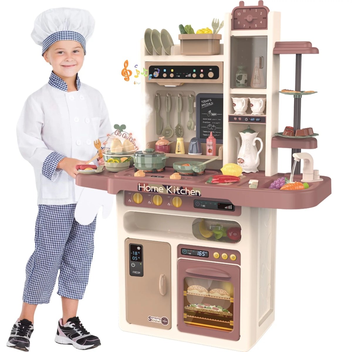 65-Piece Kids Play Kitchen Set with Real Sounds, Lights, Steam Stove, Sink & Pretend Food - 37” Tall Toddler Kitchen Toy Gift