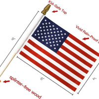 Pack of 50 - USA 4x6 Inch Wooden Stick Flags - Handheld American Flags with Kid-Safe Golden Spear Top