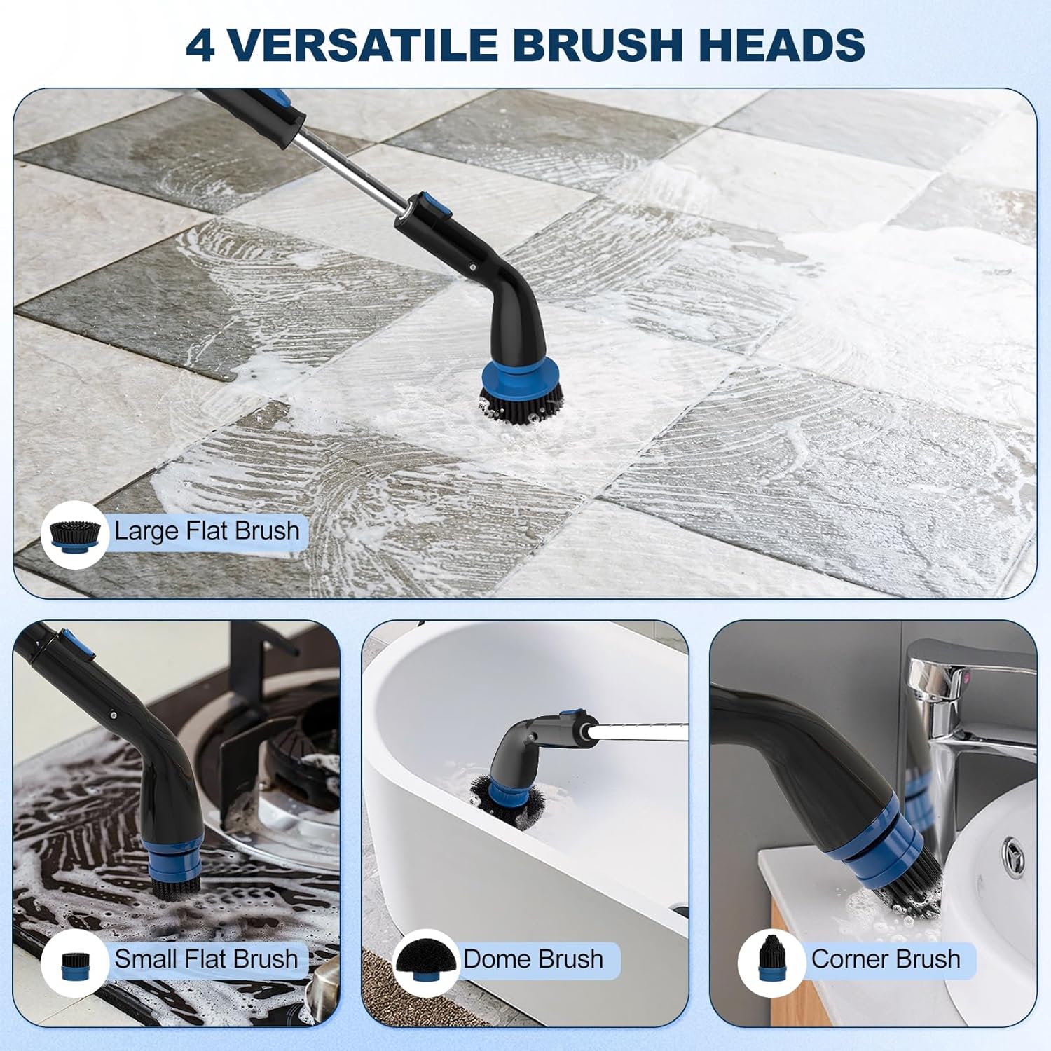 Black Electric Spin Scrubber, Cordless Cleaning Brush With 4 Replaceable Brush Heads And Adjustable Extension Handle Power Shower Scrubber For Bathroom, Kitchen, Tub, Tile, Floor