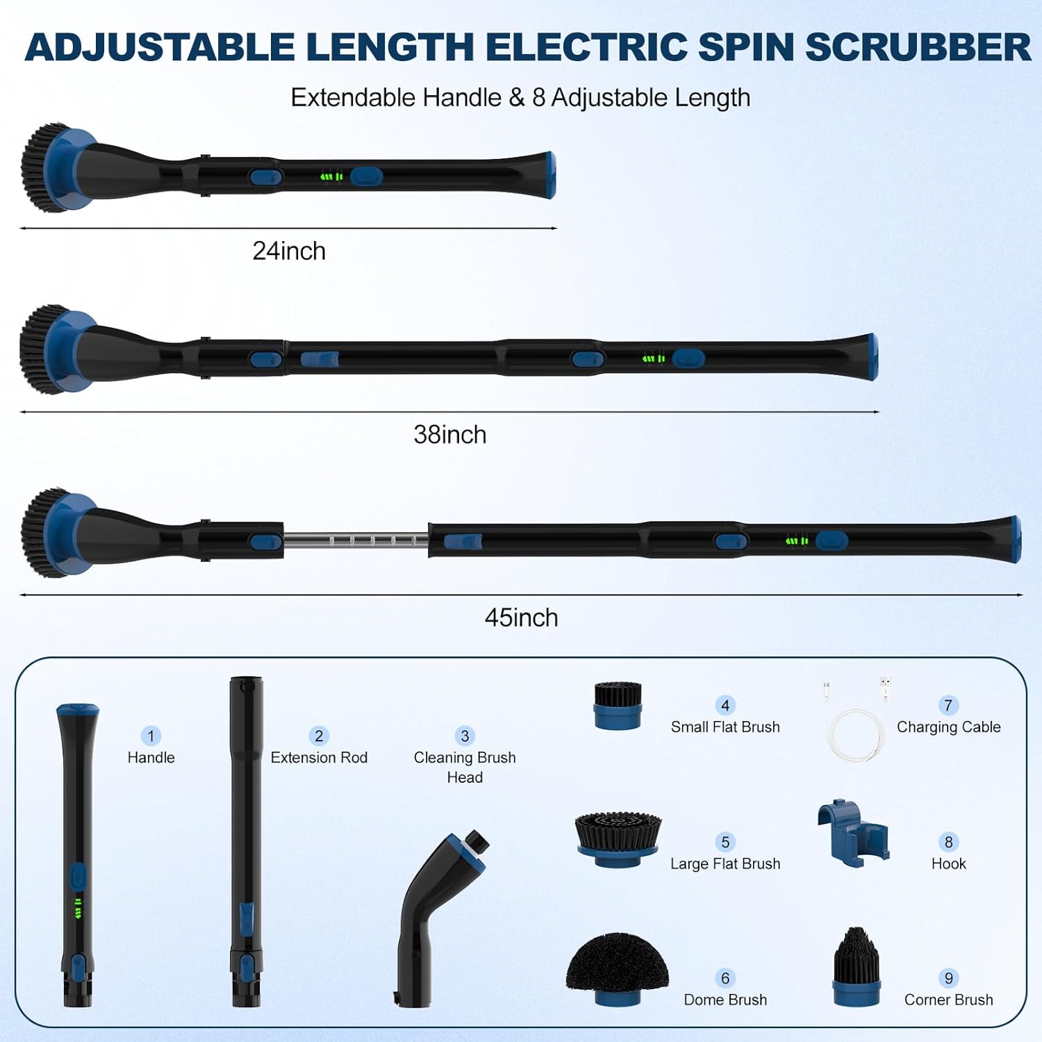 Black Electric Spin Scrubber, Cordless Cleaning Brush With 4 Replaceable Brush Heads And Adjustable Extension7