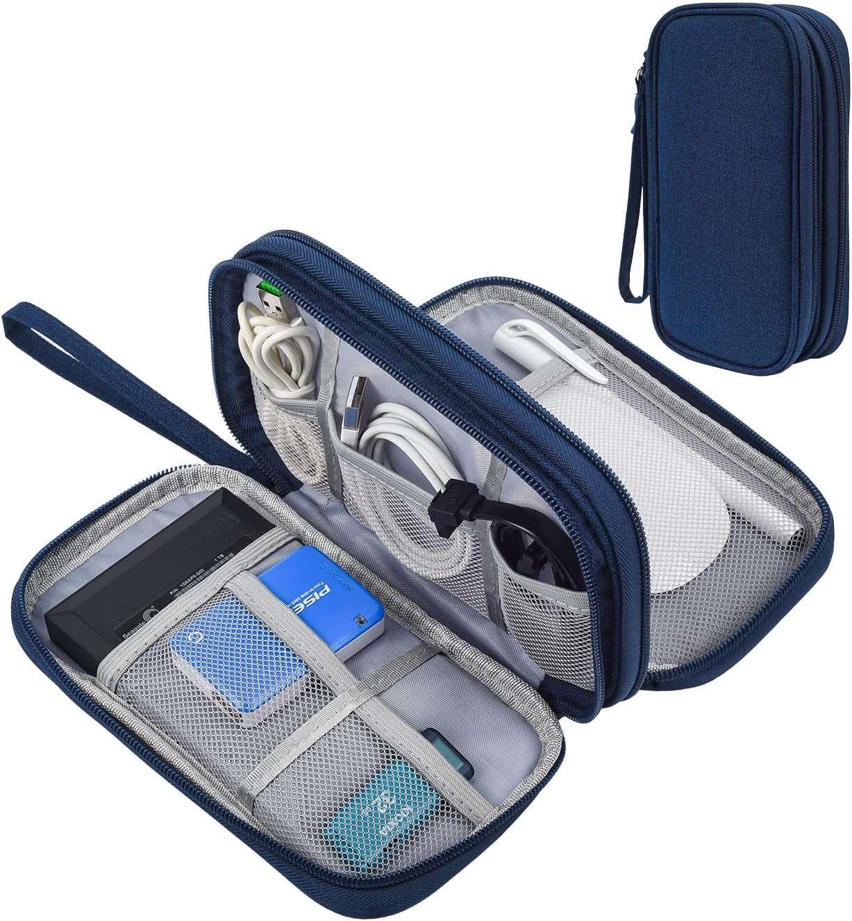 Double Layer - Navy Blue Electronic Accessories Case, Universal Cable Cord Holder Organizer/Electronic Case, Waterproof Portable Cable Organizer Bag, USB Flash Drives Bag, Cable Case Bag, USB Case Organizer,Usb Charger Bag