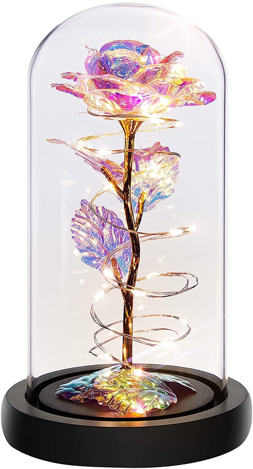 Multicolor Enchanting Birthday Gift for Women: Illuminated Rainbow Rose in Glass Dome