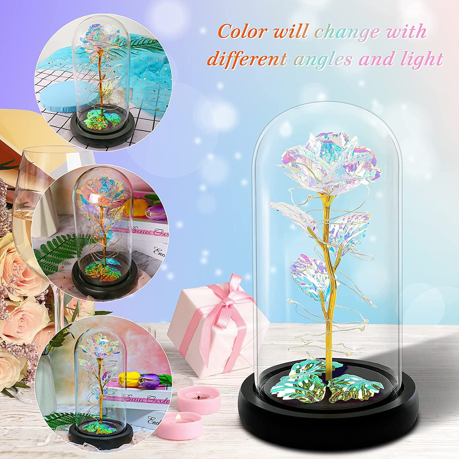 Multicolor Enchanting Birthday Gift for Women: Illuminated Rainbow Rose in Glass Dome