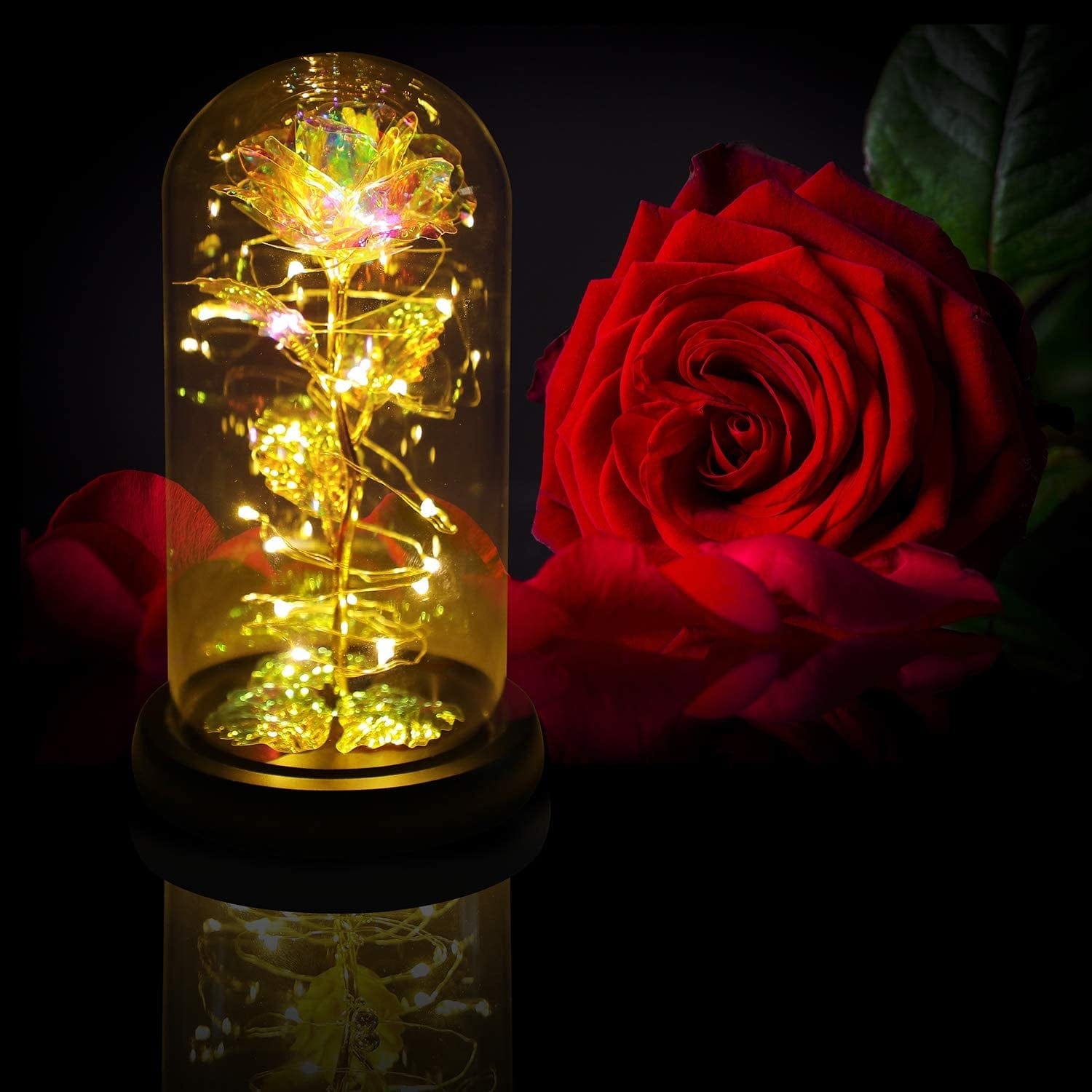 Multicolor Enchanting Birthday Gift for Women: Illuminated Rainbow Rose in Glass Dome