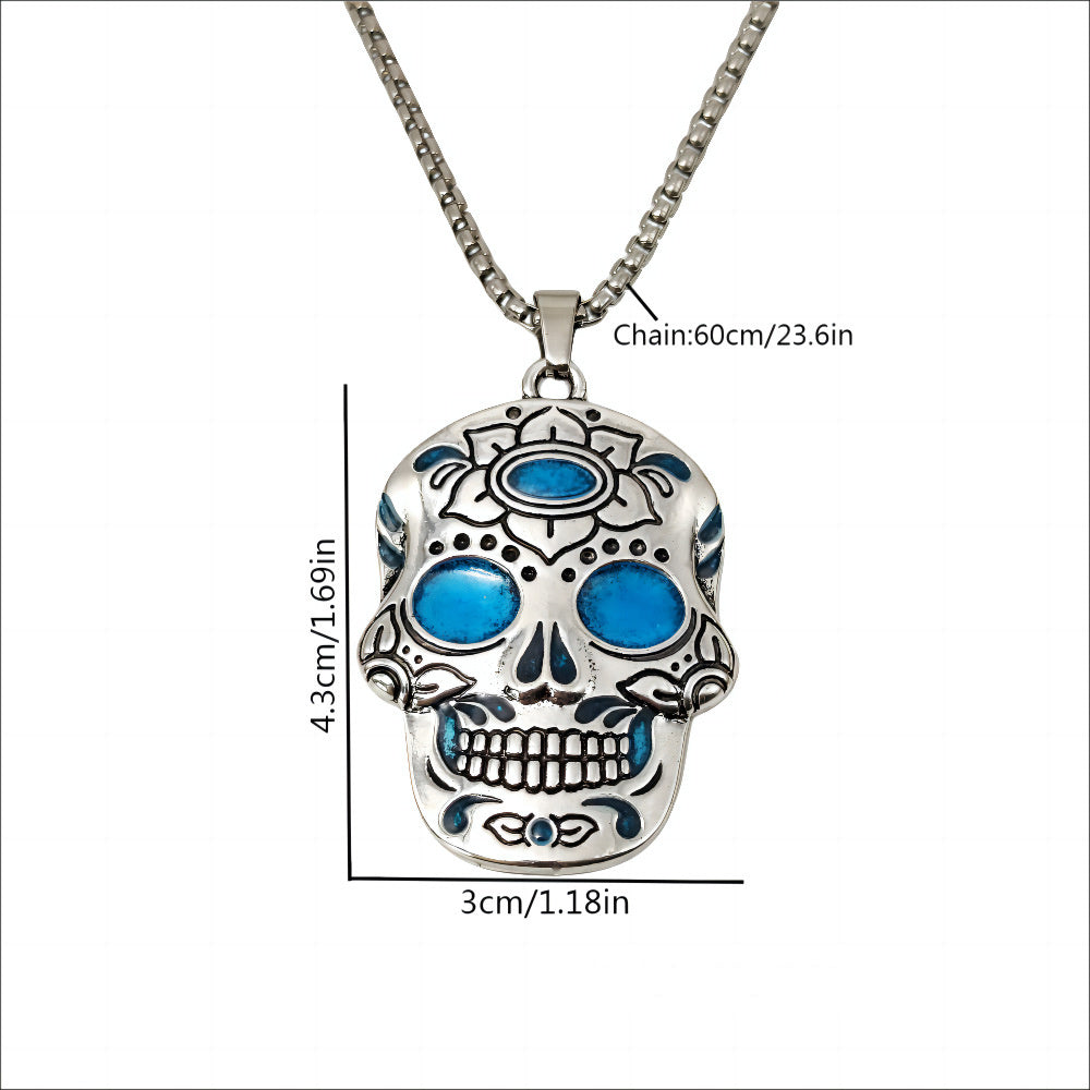 Halloween Skull Necklace with Day of the Dead Lotus Pattern