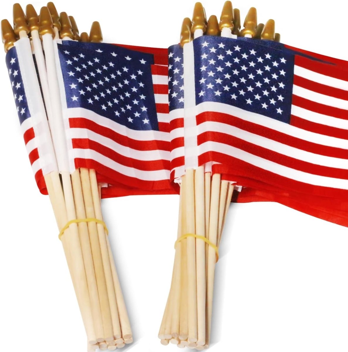 Pack of 50 - USA 4x6 Inch Wooden Stick Flags - Handheld American Flags with Kid-Safe Golden Spear Top