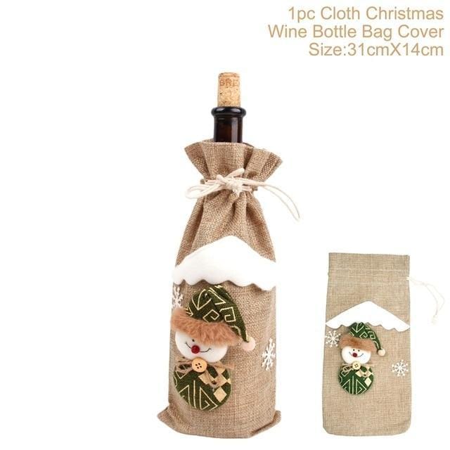 Beige Festive Wine Bottle Covers Santa Claus and Snowman Duo for Christmas Cheer