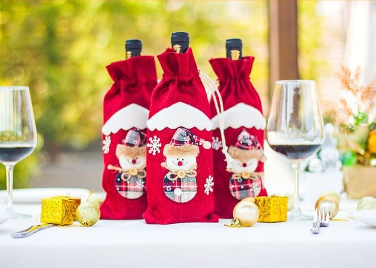 Red Festive Wine Bottle Covers Santa Claus and Snowman Duo for Christmas Cheer