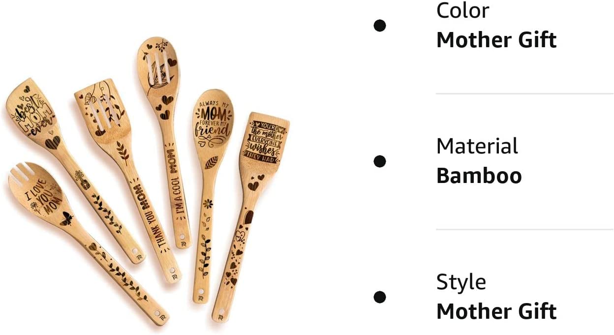 Mother Gift Gifts for Mom wooden spoons for Cooking & Serving 6 Pcs Set - Mothers Day