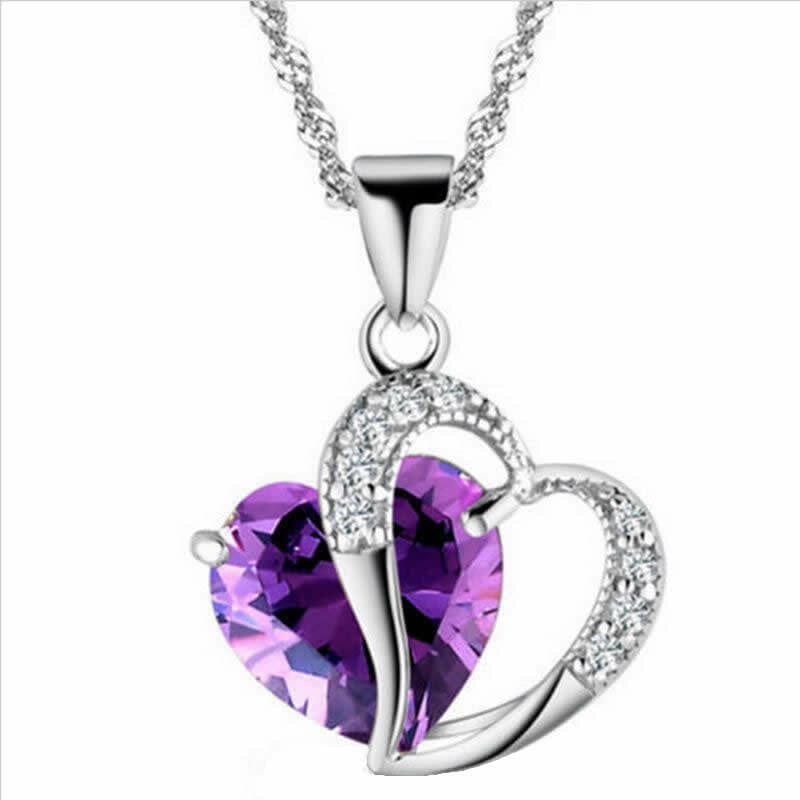 Purple / 17 Inch Heart Crystal Rhinestone Silver Chain Pendant Necklace for Valentine's Day