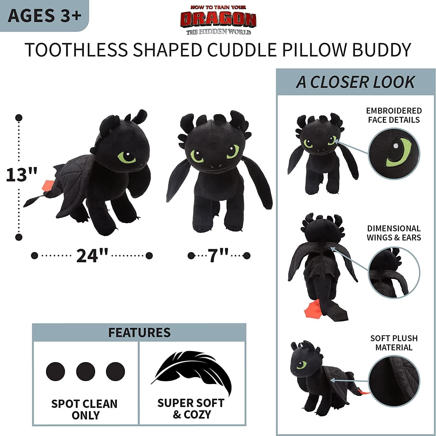 How To Train Your Dragon Toothless / One Size How to Train Your Dragon Toothless Plush Cuddle Pillow Buddy - Super Soft Kids Bedding, One Size, Black