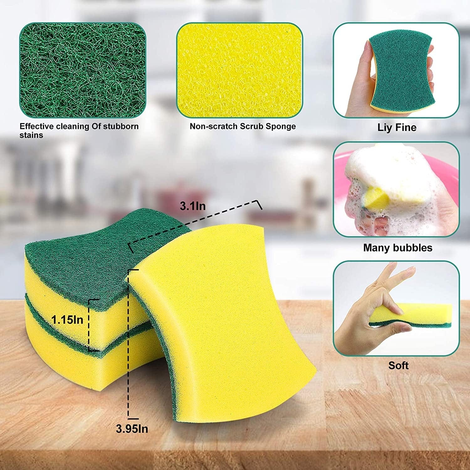 24 Pack Yellow Kitchen Cleaning Sponges,24 Pack Eco Non-Scratch for Dish,Scrub Sponges