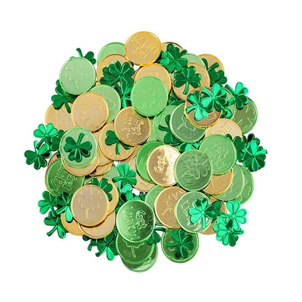 Leprechaun's Treasure: St. Patrick's Day Clover & Gold Green Plastic Toy Coins