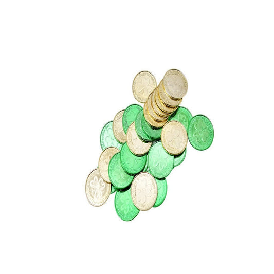 Leprechaun's Treasure: St. Patrick's Day Clover & Gold Green Plastic Toy Coins