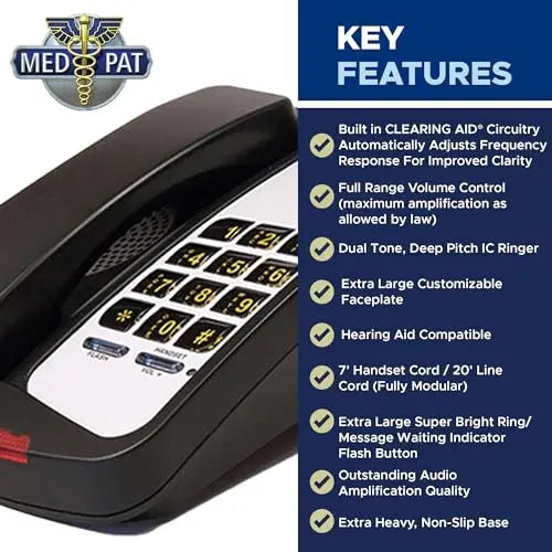 Med-Pat D800 Analog Desk Telephone – Hearing Aid Compatible Phone with Volume Boost