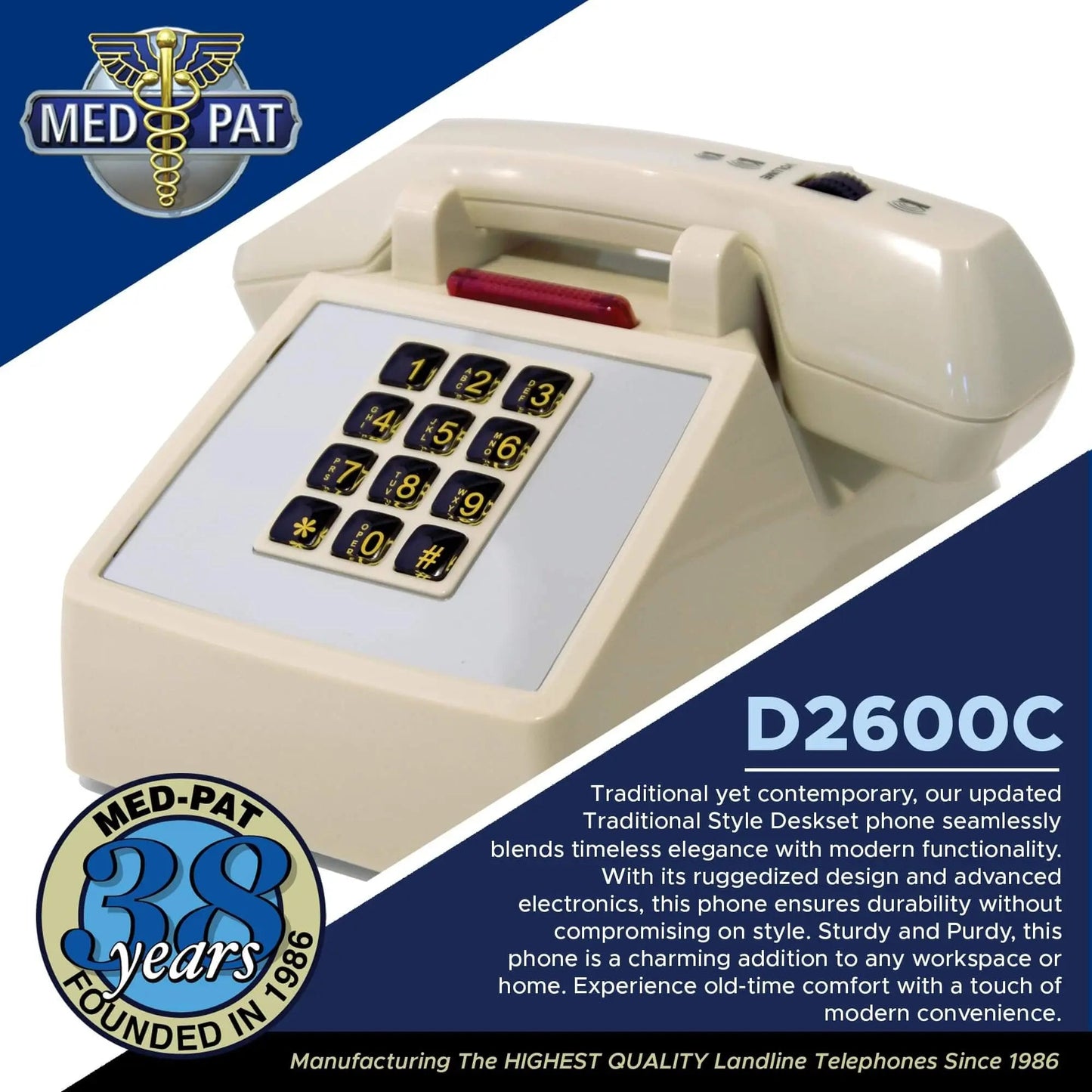 Med-Pat D2600C Retro Corded Desk Phone – Vintage Push-Button Landline Telephone