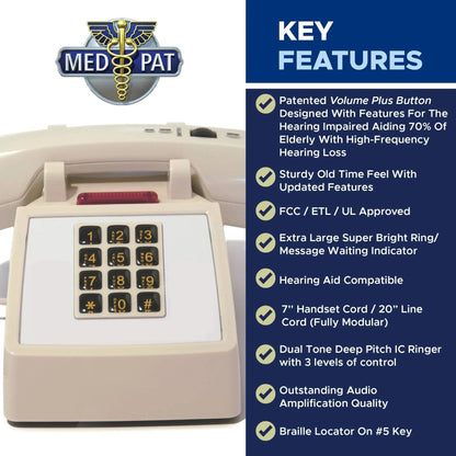 Med-Pat D2600C Retro Corded Desk Phone – Vintage Push-Button Landline Telephone