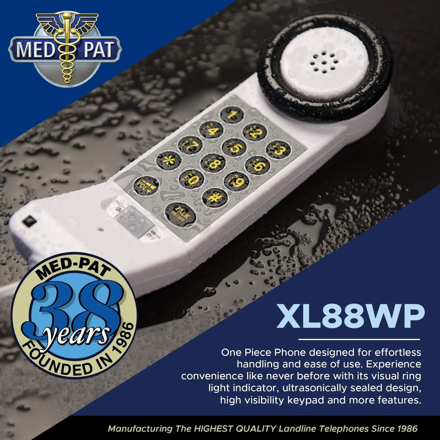 Med-Pat XL88WP Waterproof Landline Phone – Amplified One-Piece Telephone with Large Keypad