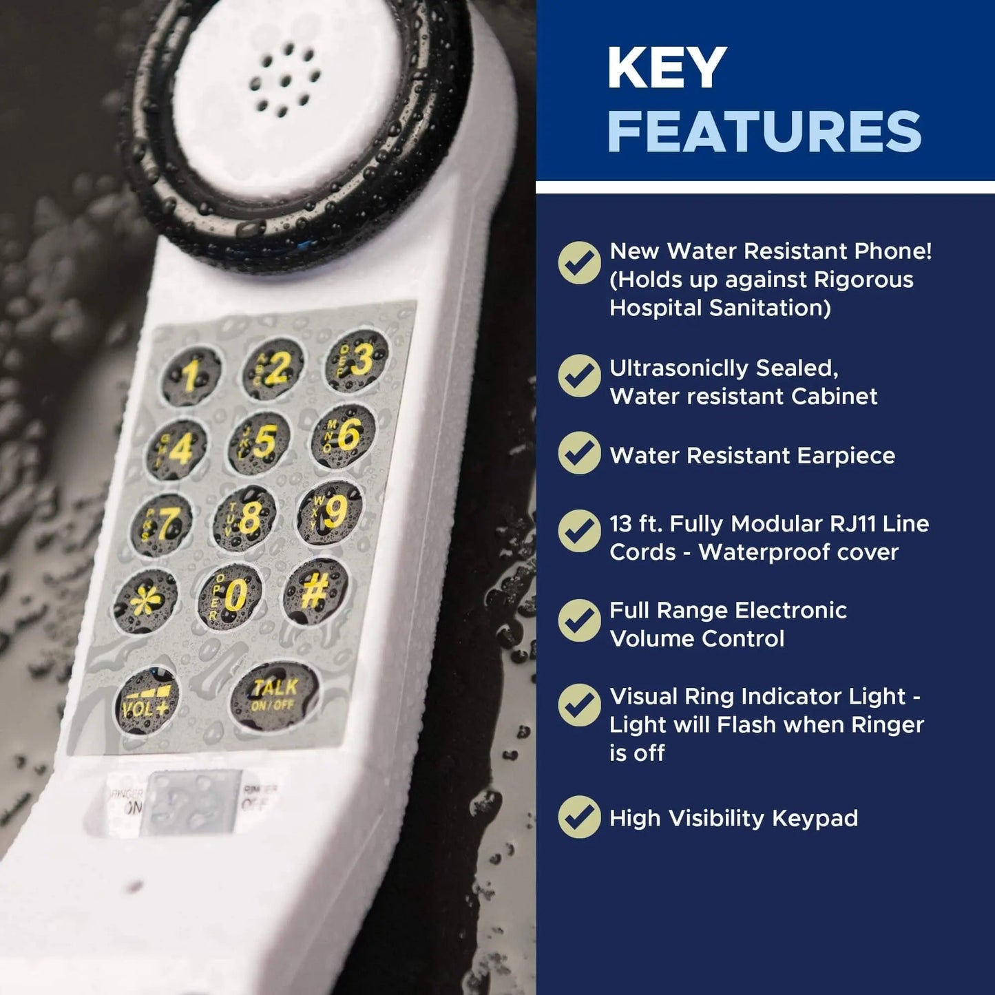 Med-Pat XL88WP Waterproof Landline Phone – Amplified One-Piece Telephone with Large Keypad