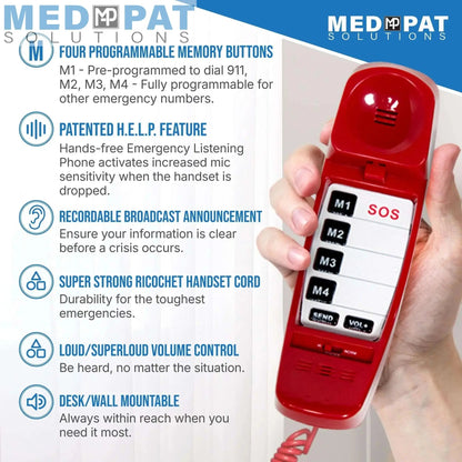 FIRST M Emergency Phone – One-Touch Landline Emergency Phone with 4 Programmable Contacts