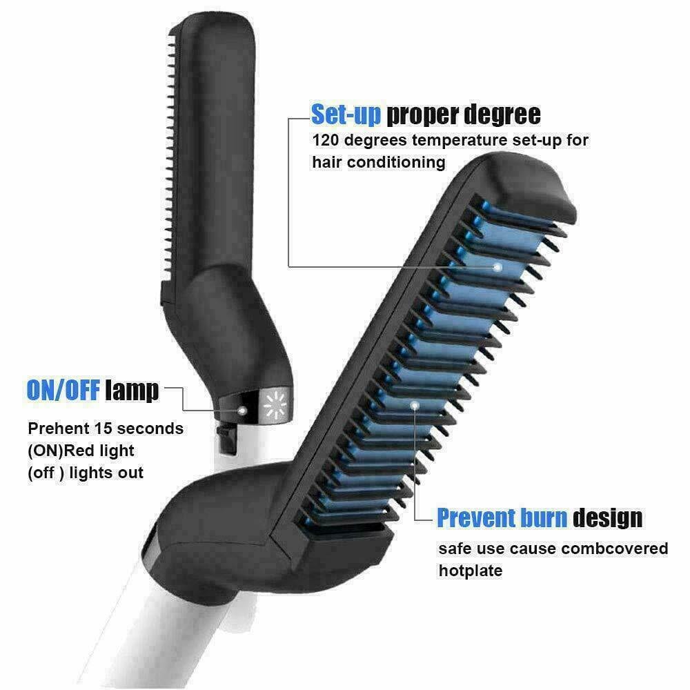 Men's Quick Beard Straightener and Hair Styling Comb with Curling and Curler Cap