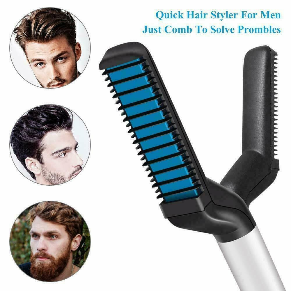 Men's Quick Beard Straightener and Hair Styling Comb with Curling and Curler Cap