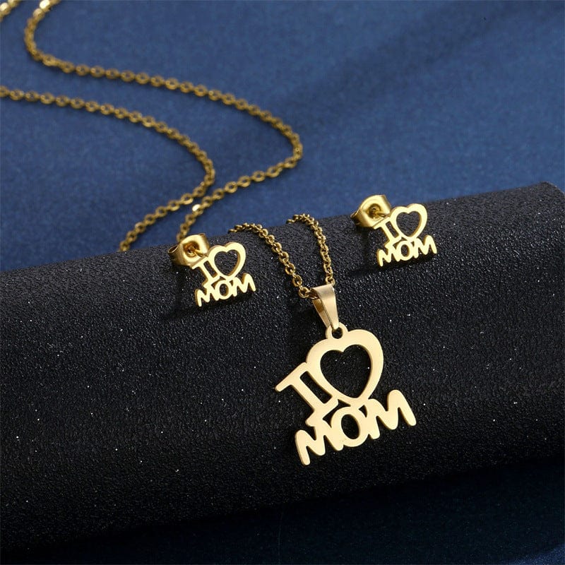 TZ328 Gold Mother's Day Gift: 'I Love Mom' Heart Pendant Necklace and Earrings Set