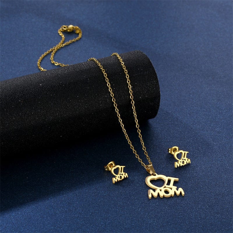 TZ328 Gold Mother's Day Gift: 'I Love Mom' Heart Pendant Necklace and Earrings Set