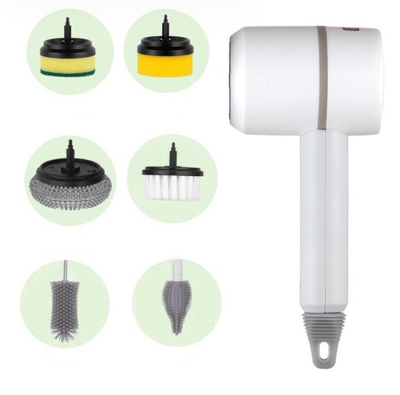 White With six brush heads Multifunctional Electric Cleaning Brush with Scouring Pad Attachment