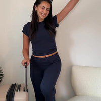 Navy Short Sleeve Suit / L New Women's Clothing Two-Piece Set – Early Autumn Hong Kong Style Retro Collection