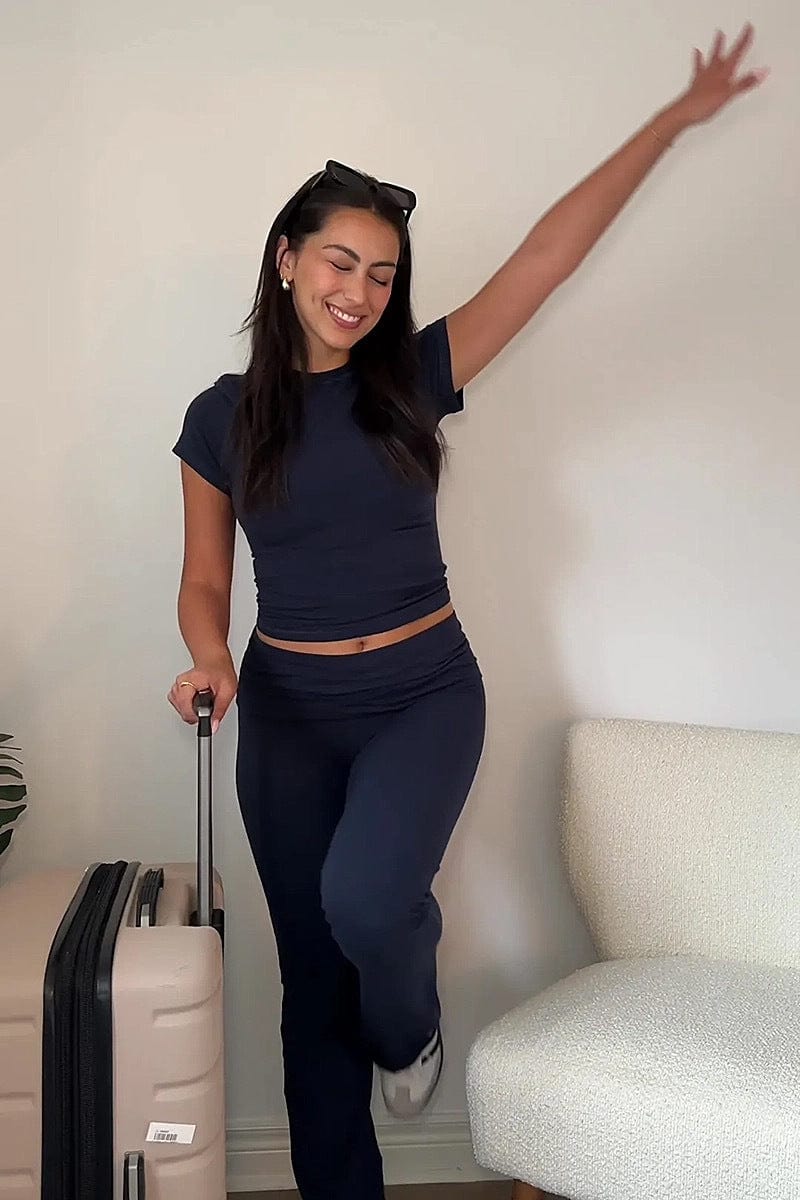 Navy Short Sleeve Suit / L New Women's Clothing Two-Piece Set – Early Autumn Hong Kong Style Retro Collection