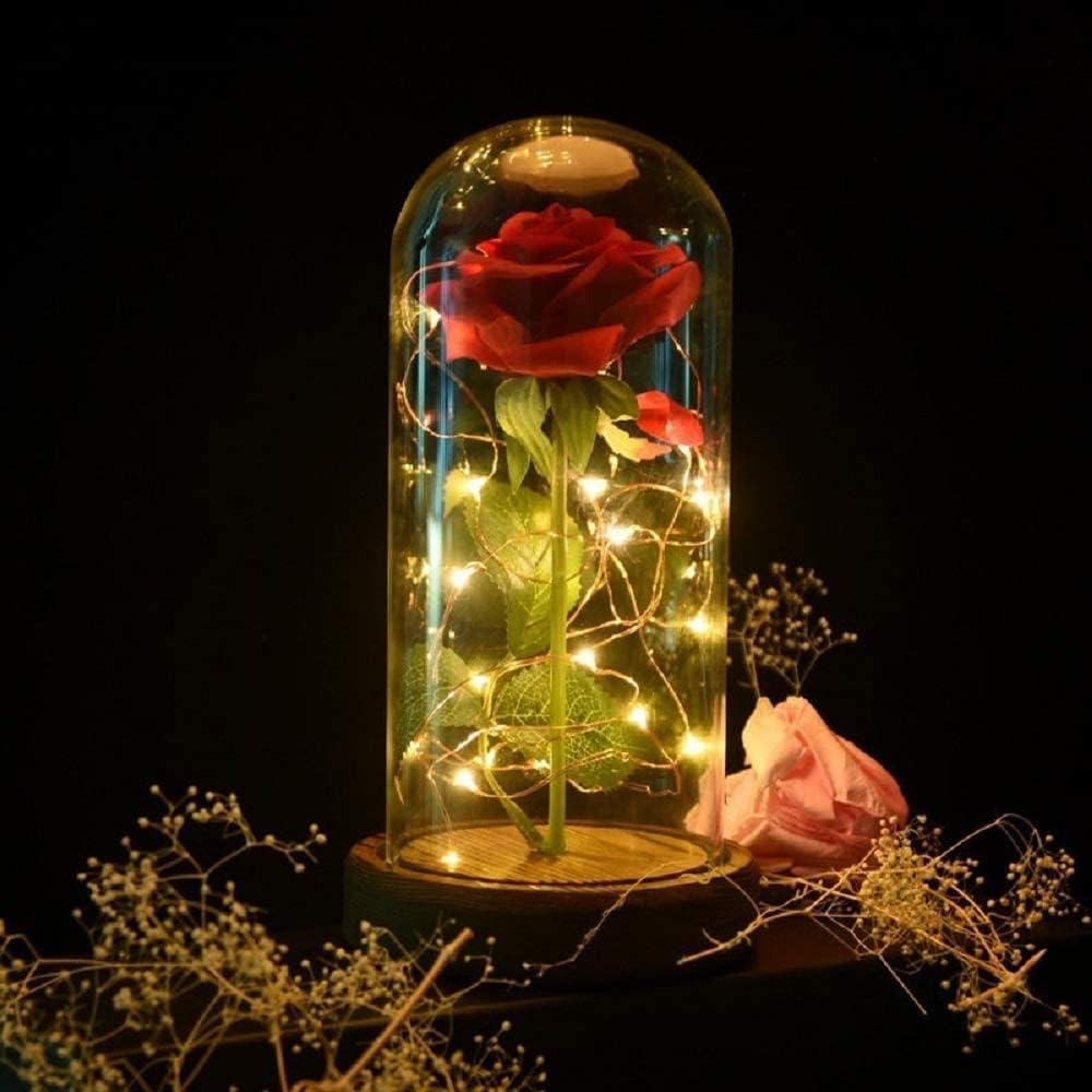 Preserved Rose Enchanted Rose Red Silk Rose in Glass Dome with LED Lights  for Valentines Day